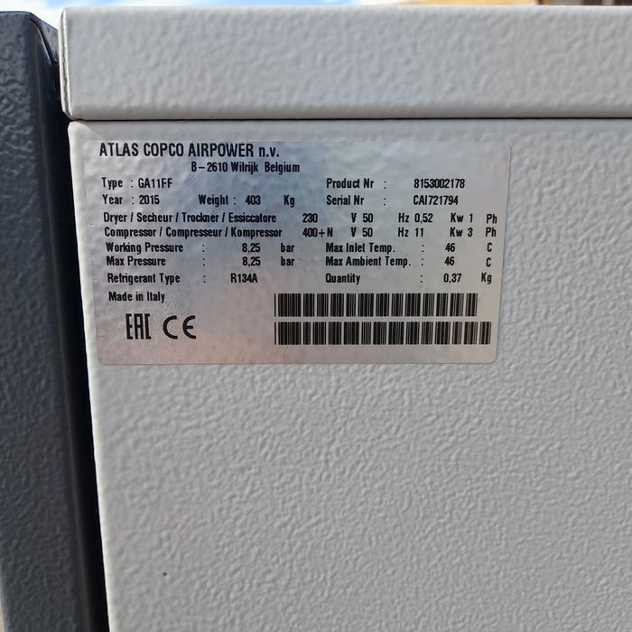 Sprężarka śrubowa Atlas Copco GA11 FF osuszacz 2015rok 11kw 1.7m³ 8bar
