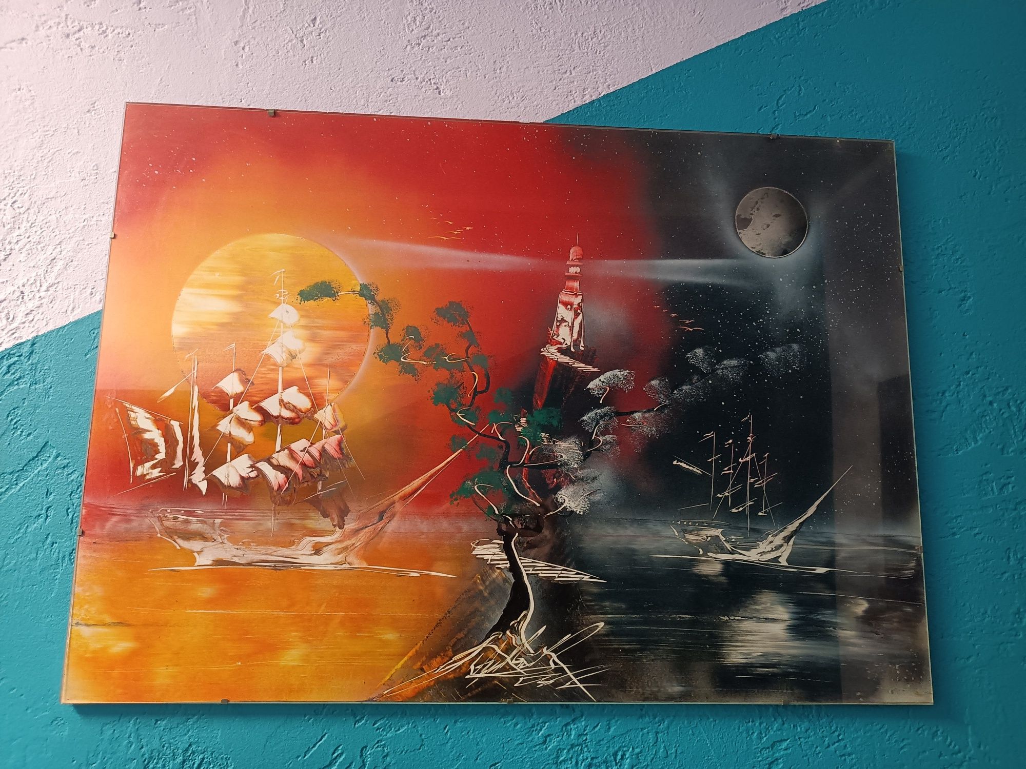 Duży obraz z antyramą antyrama spray malowany morze latarnia