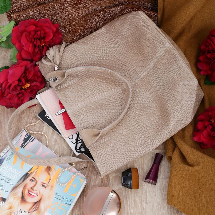 VERA PELLE torebka skórzana shopper przeplatana z saszetką V521 beżowa