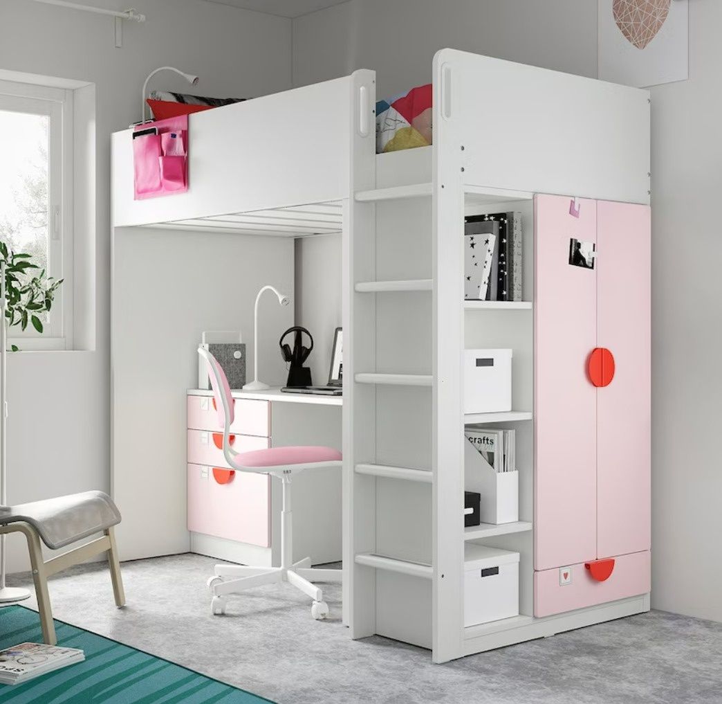 Cama alta (beliche com mesa, armário e prateleiras) IKEA + COLCHÃO