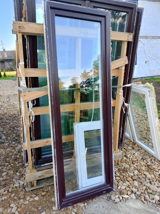 Okno 79x225 mahoń balkonowe drzwi tarasowe plastikowe rozwierno uchyln