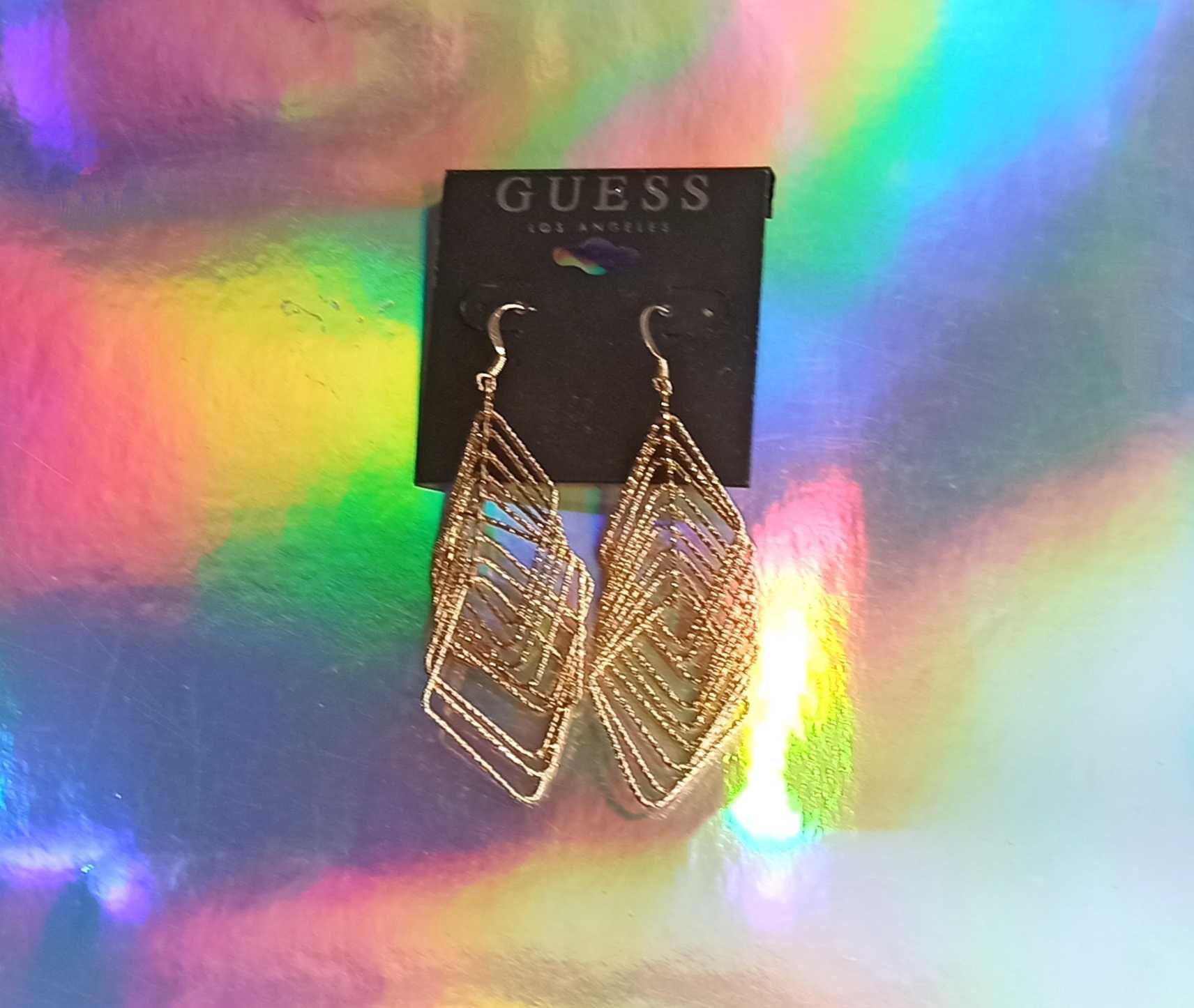 GUESS Dlugie Duze Wiszace Kolczyki Geo Futuristic Modern Boho Zlote