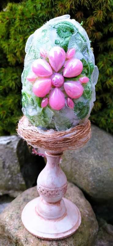 Zielony ptak w jajeczku, ozdoba, stroik, Wielkanoc, handmade