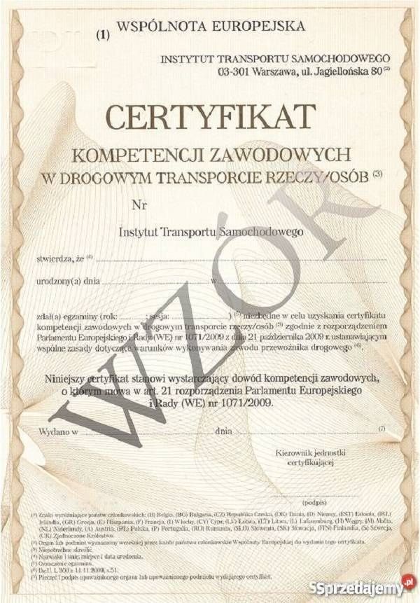 Użyczę Certyfikat Kompetencji Zawodowych - transport rzeczy
