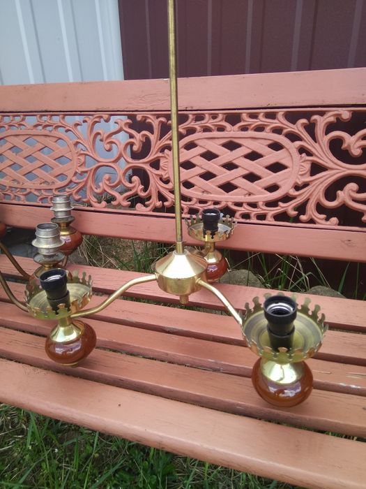 OKAZJA Stara lampa żyrando retro mosiądz porcelana POLAM WIELICZKA PRL