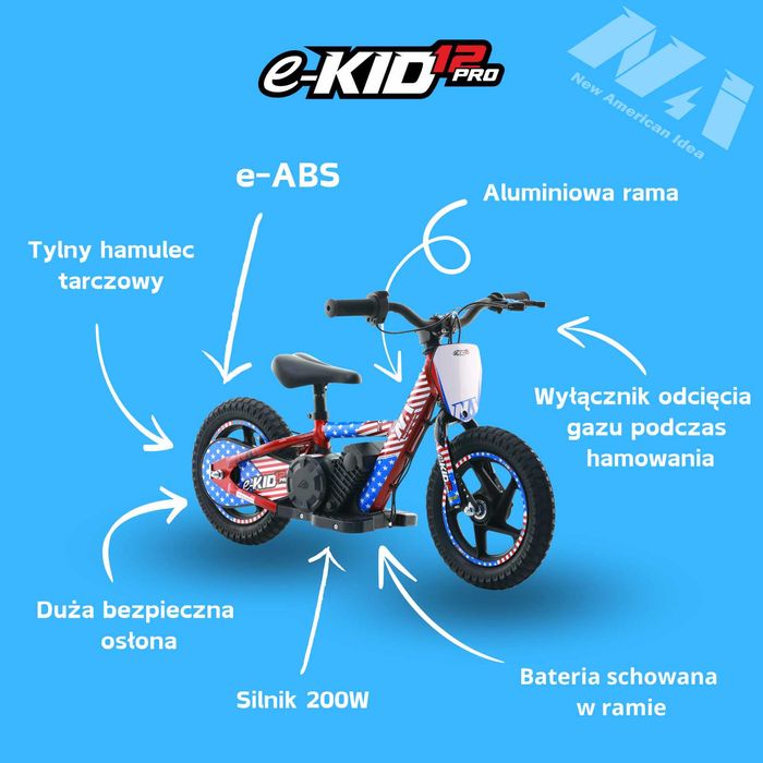 NAI e-KID 12 PRO motocykl dzieci, koła 12" z E-ABS motocykl balansowy