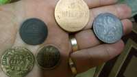 Монета 5 коп. 1834 р,  Денга 1737 р, 1 коп. 1866 р, 2 коп. СПБ 1901 р.