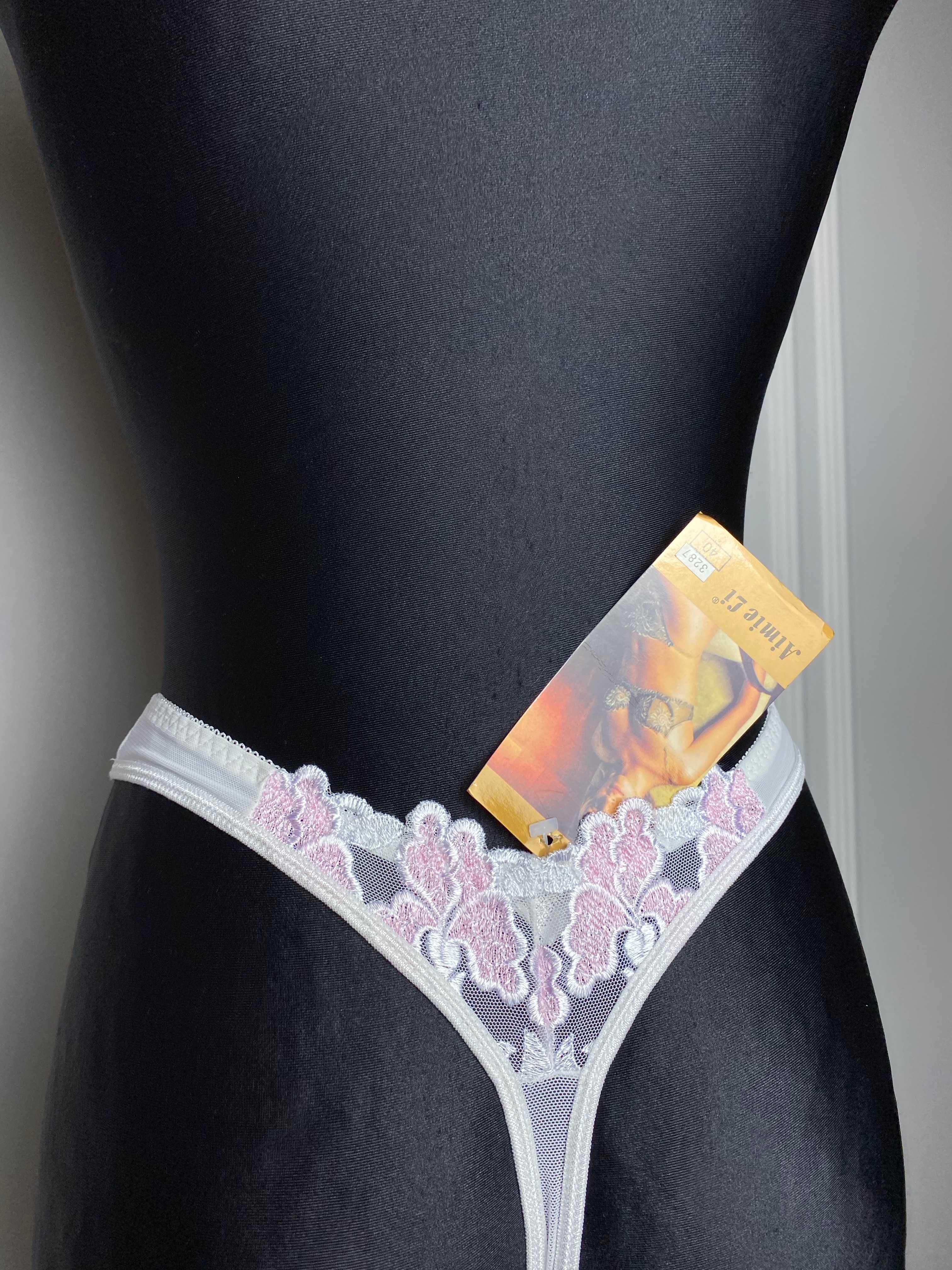 Nowa bielizna damska stringi kremowe w różowe kwiaty 40 L aesthetic