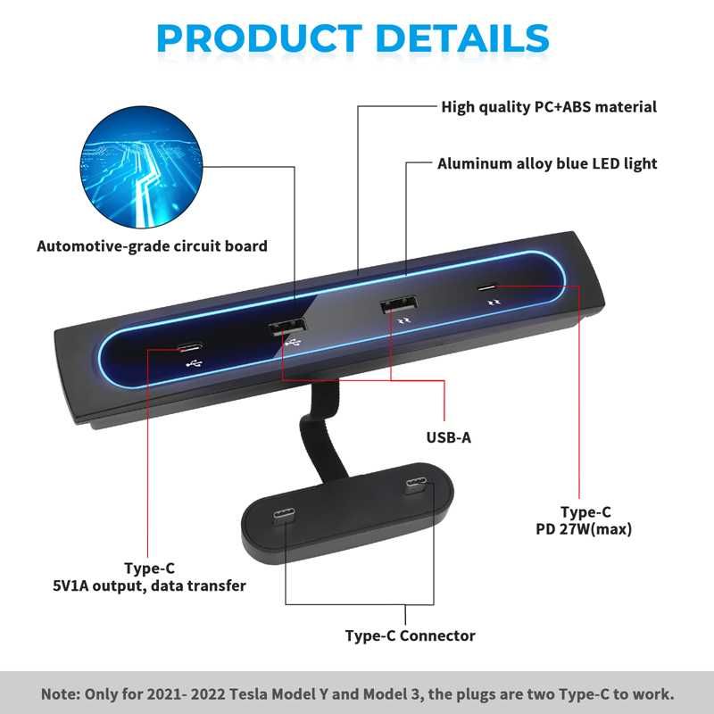 Hub de derivação do carregador rápido USB para Tesla modelo 3 Y