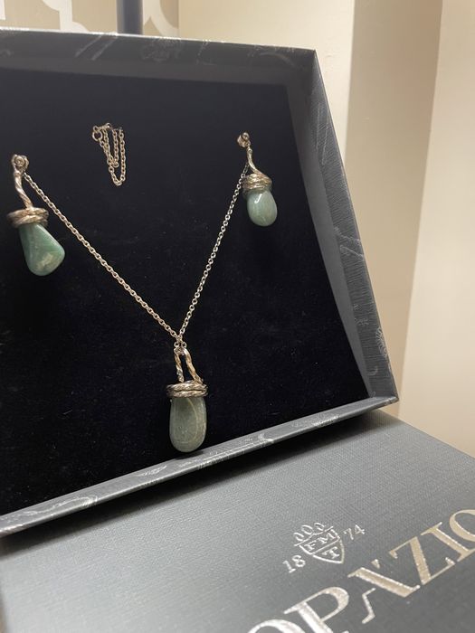 Conjunto colar+brincos em prata e Quartzo verde