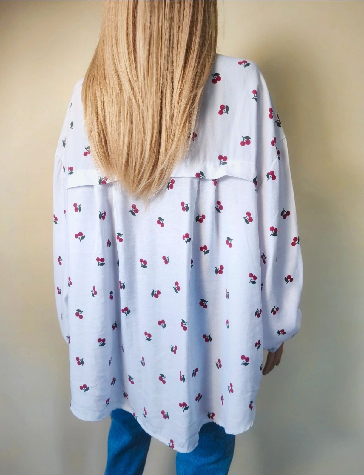 Biała koszula w wiśnie cherry nowa włoska wiskoza plus size oversize
