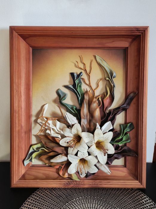 Obraz skórzany z kwiatami duży