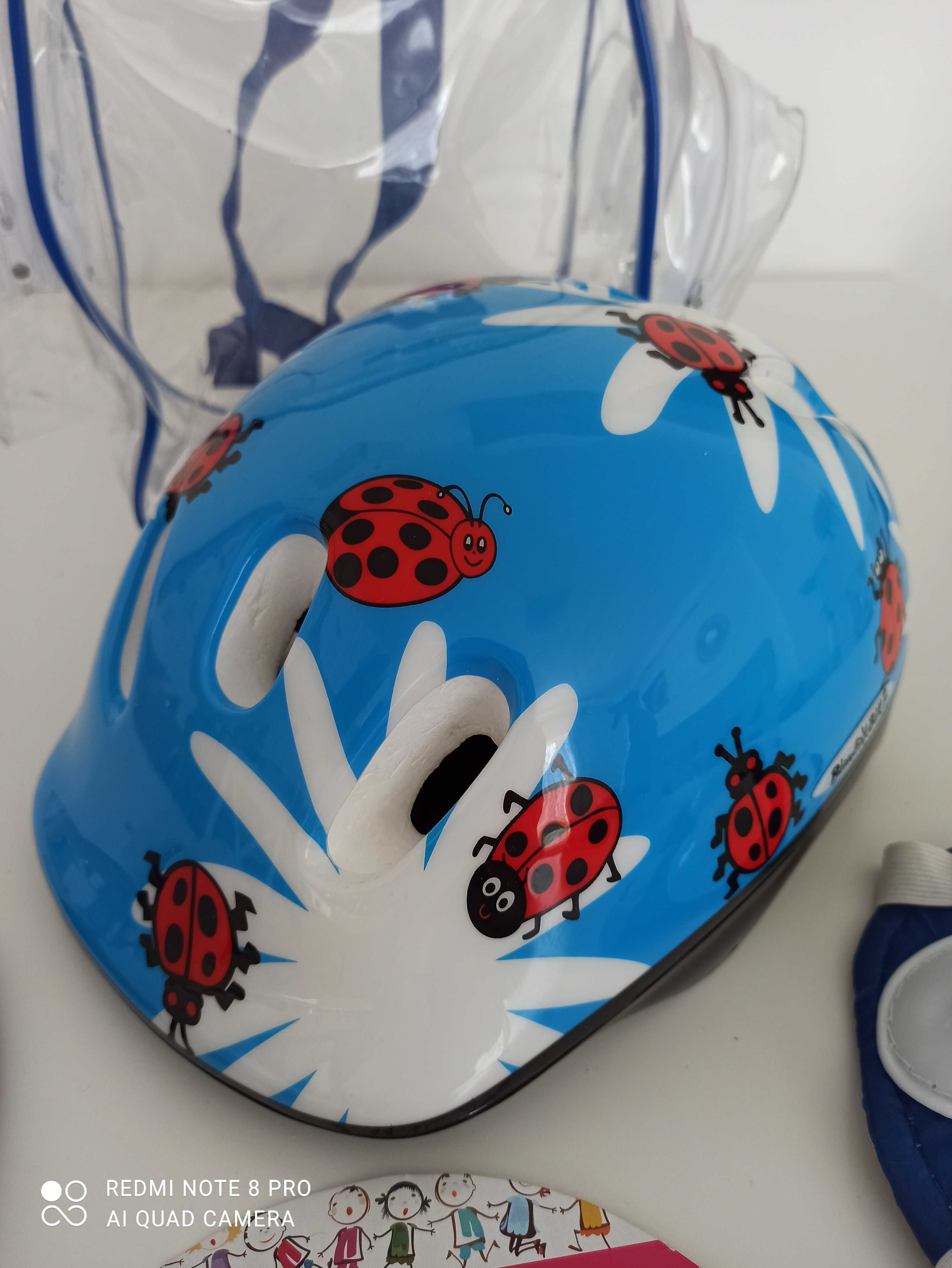 Kask rowerowy dziecięcy, ochraniacze i plecak