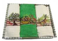 Komplet 3 ręczników kuchennych 40 x 60 biel i zieleń - motyw z oliwką