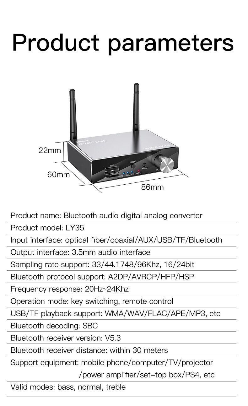 Bluetooth 5.3 приёмник/передатчик, aux,RCA, coaxial, оптический,type-C