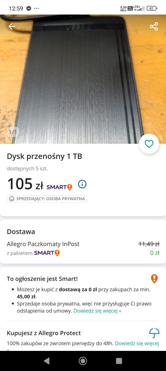 Dysk zewnętrzny przenośny 1TB USB 3.0