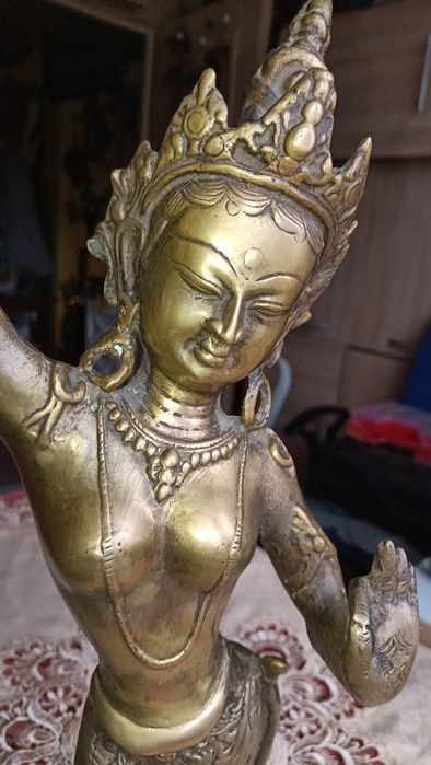 Vintage mosiężny posążek Maya Devi, matka Buddy Sha
