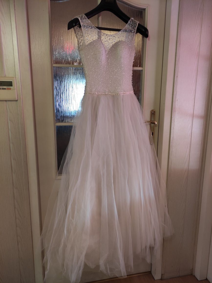 Długa suknia ślubna princeska z gorsetem + koło i welon roz. 34-36