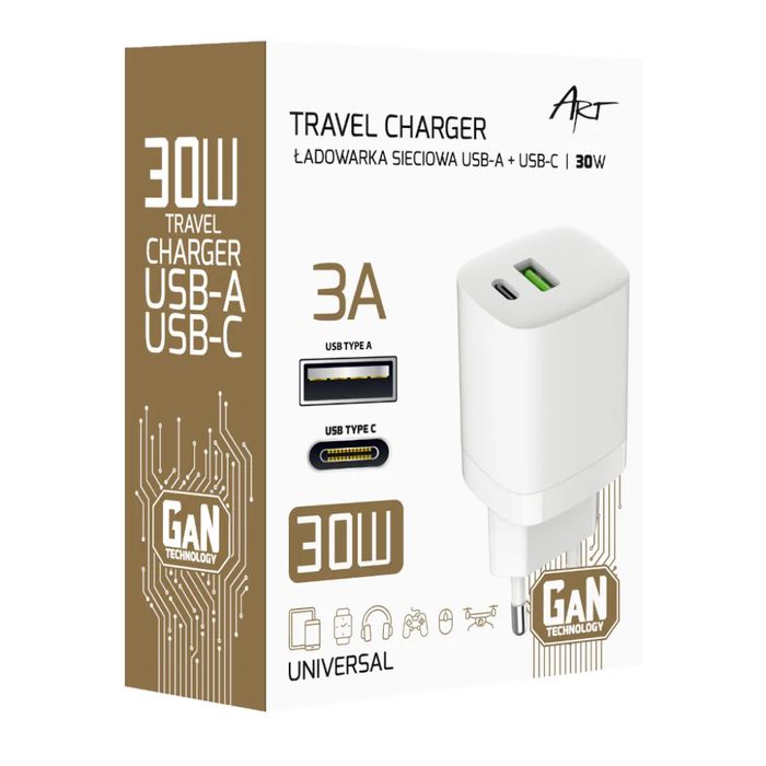 Ładowarka sieciowa ART GaN mocna 30W USB-C PD + USB QC AZ-U30W2