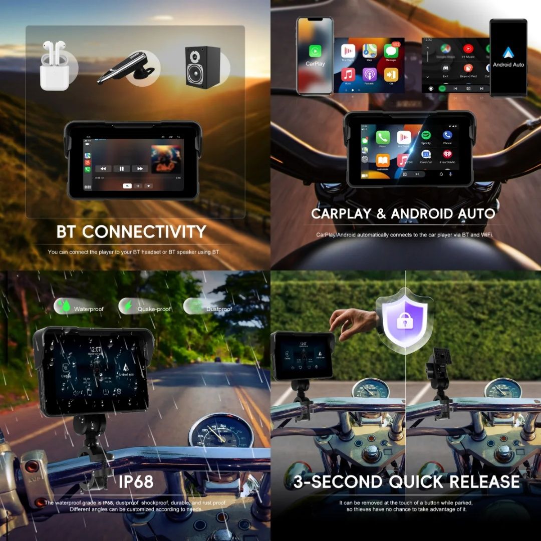 Monitor Moto 5" HD Wireless CarPlay/Android Auto | IP68 | TPMS | NOVO