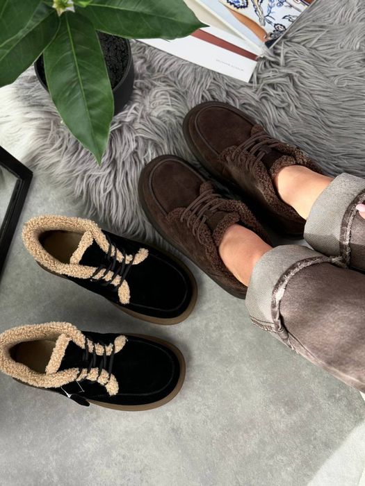 Теплі замшеві черевики, хутро Тедді , шоколад, чорні