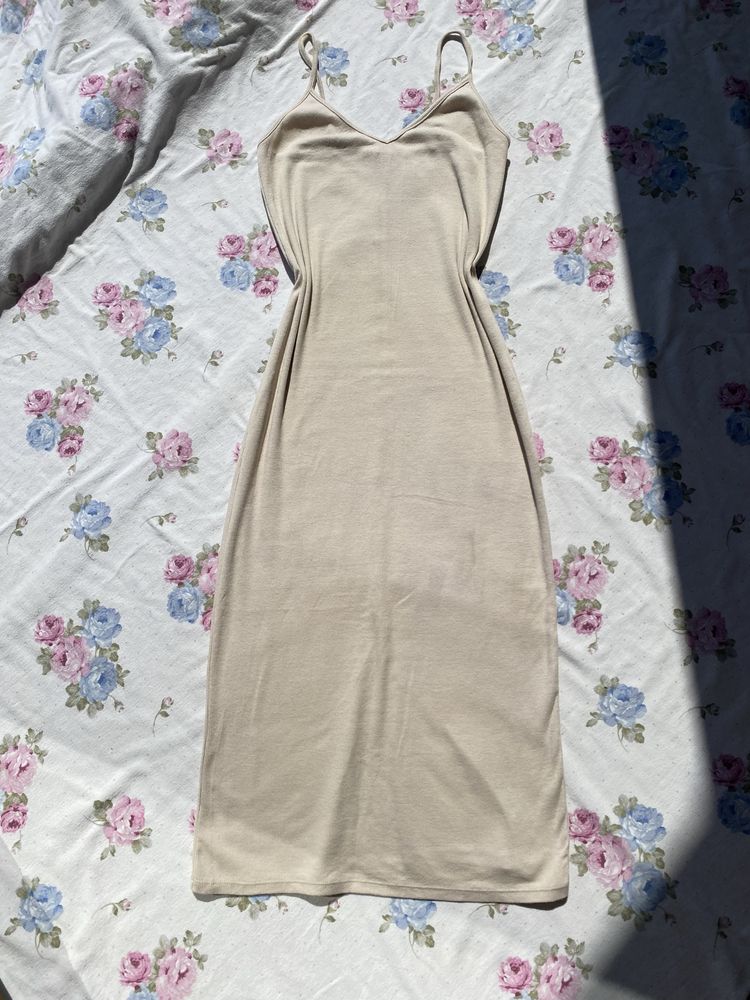 Beżowa sukienka midi na ramiączka M 38 L 40 basic forever 21