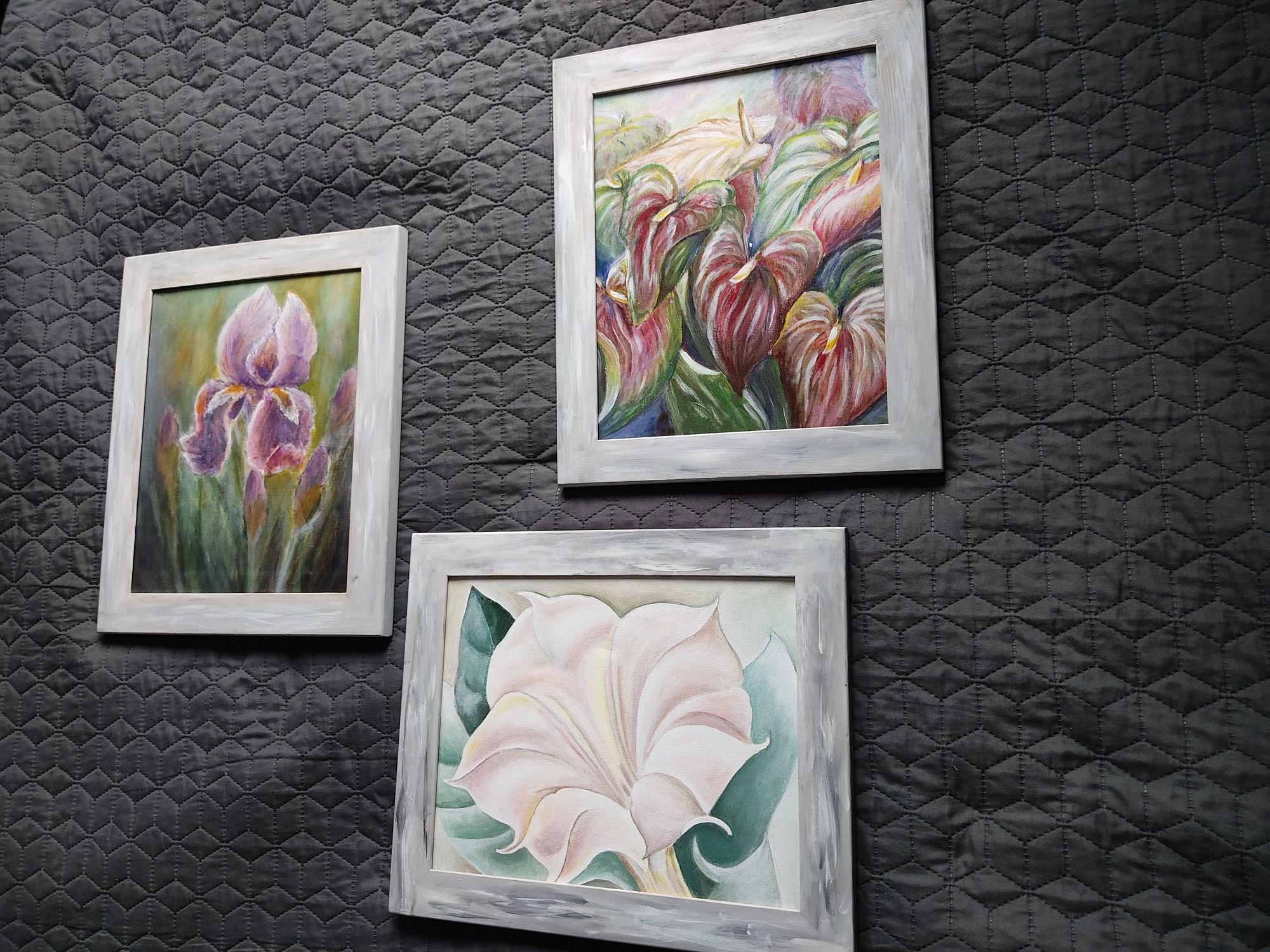 "Kwiaty Trzy"-komplet wspaniałych obrazów olejnych na płótnie!