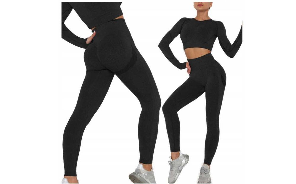 KOMPLET sportowy LEGGINSY BLUZA długi rękaw CZARNY fitness