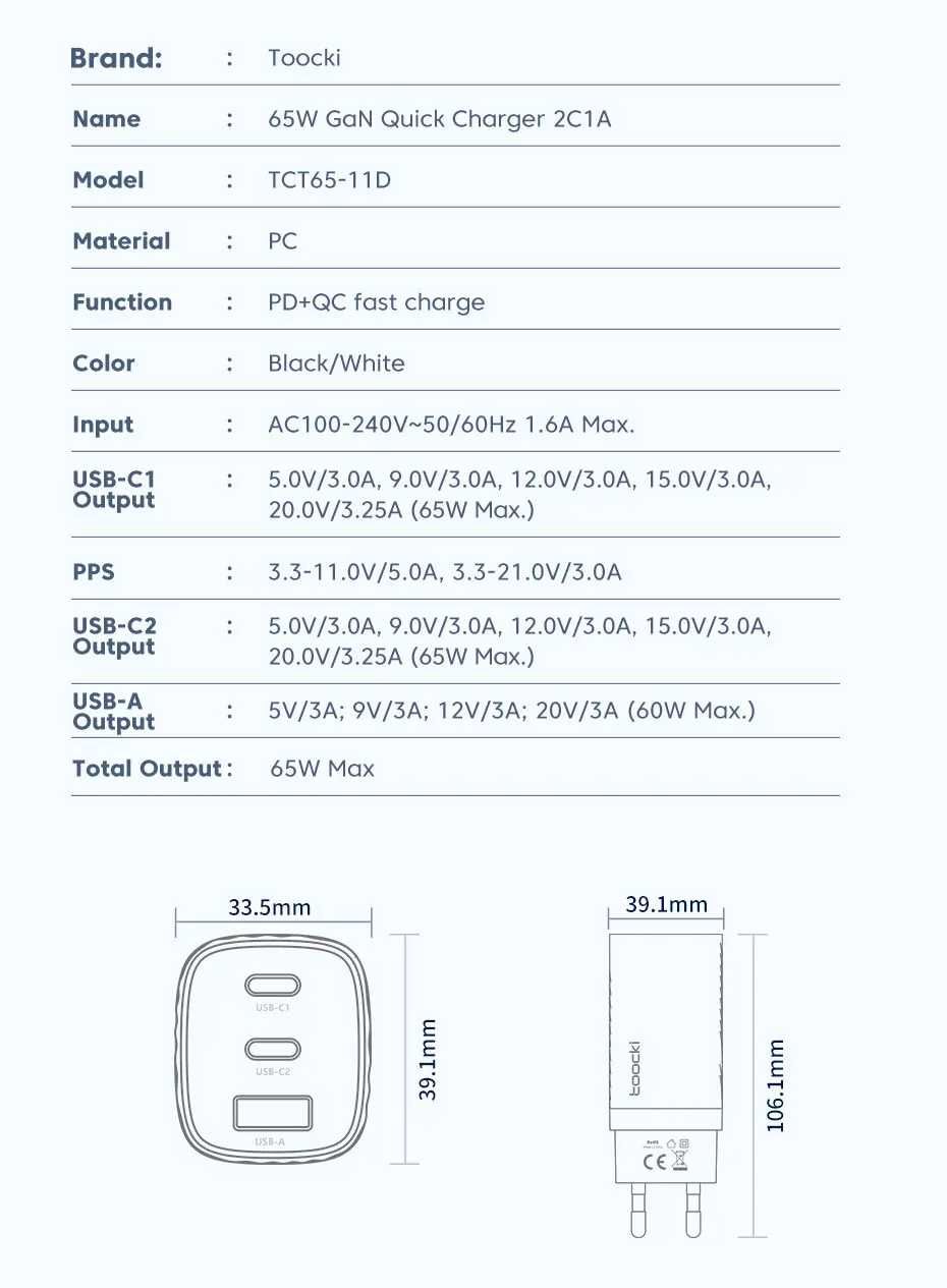 Швидка зарядка Toocki 65W GaN для Macbook, iPhone, Samsung, Xiaomi