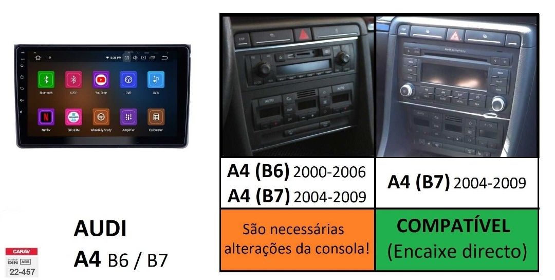 Rádio 2 DIN Audi A4 (2000 a 2009) + Android + GPS + carplay