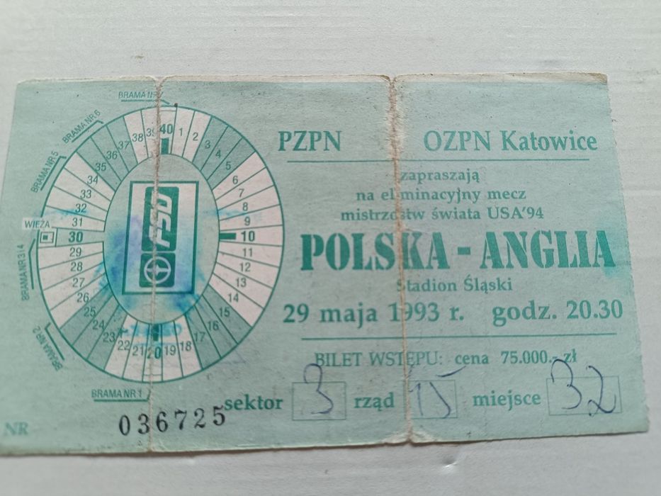 Bilet Polska Anglia el. MŚ 94, 30 lat od wydarzenia!