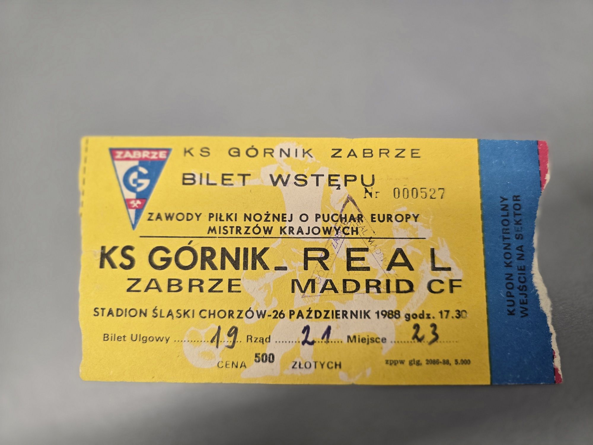 Bilet Górnik Zabrze Real Madryt 1988 Puchar Europy unikat