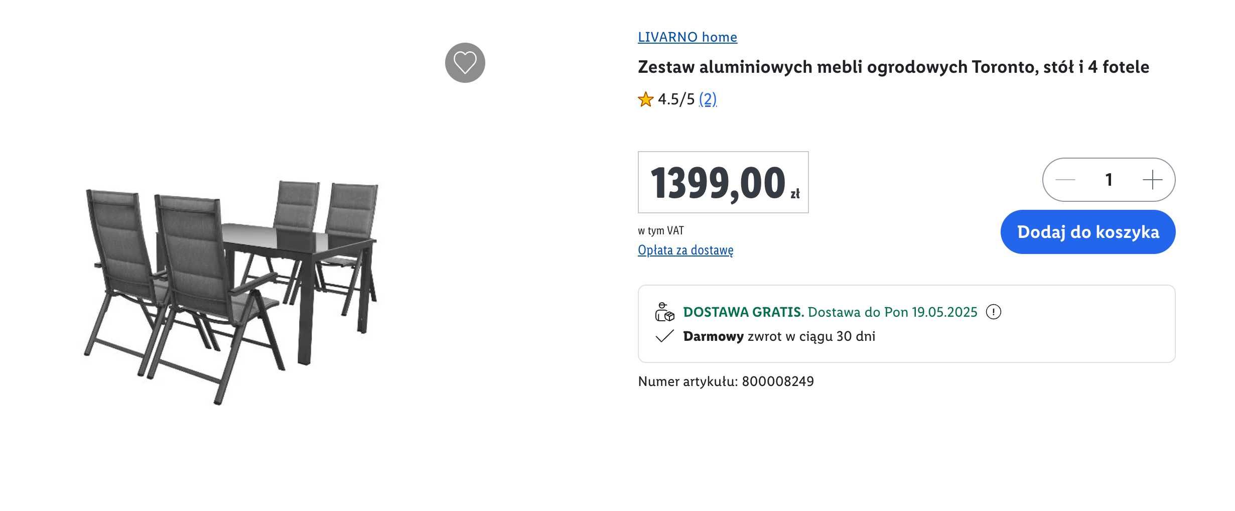 Zestaw stół ogrodowy + 4 krzesła Livarno home