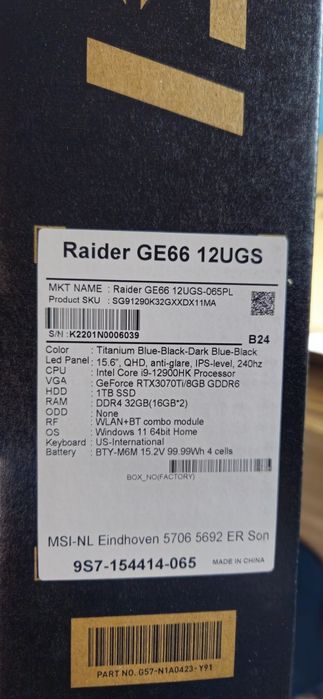 MSI Raider GE66 12UGS, i9-12900HK, RTX 3070 Ti 8GB, dysk 2TB, 32GB Ram