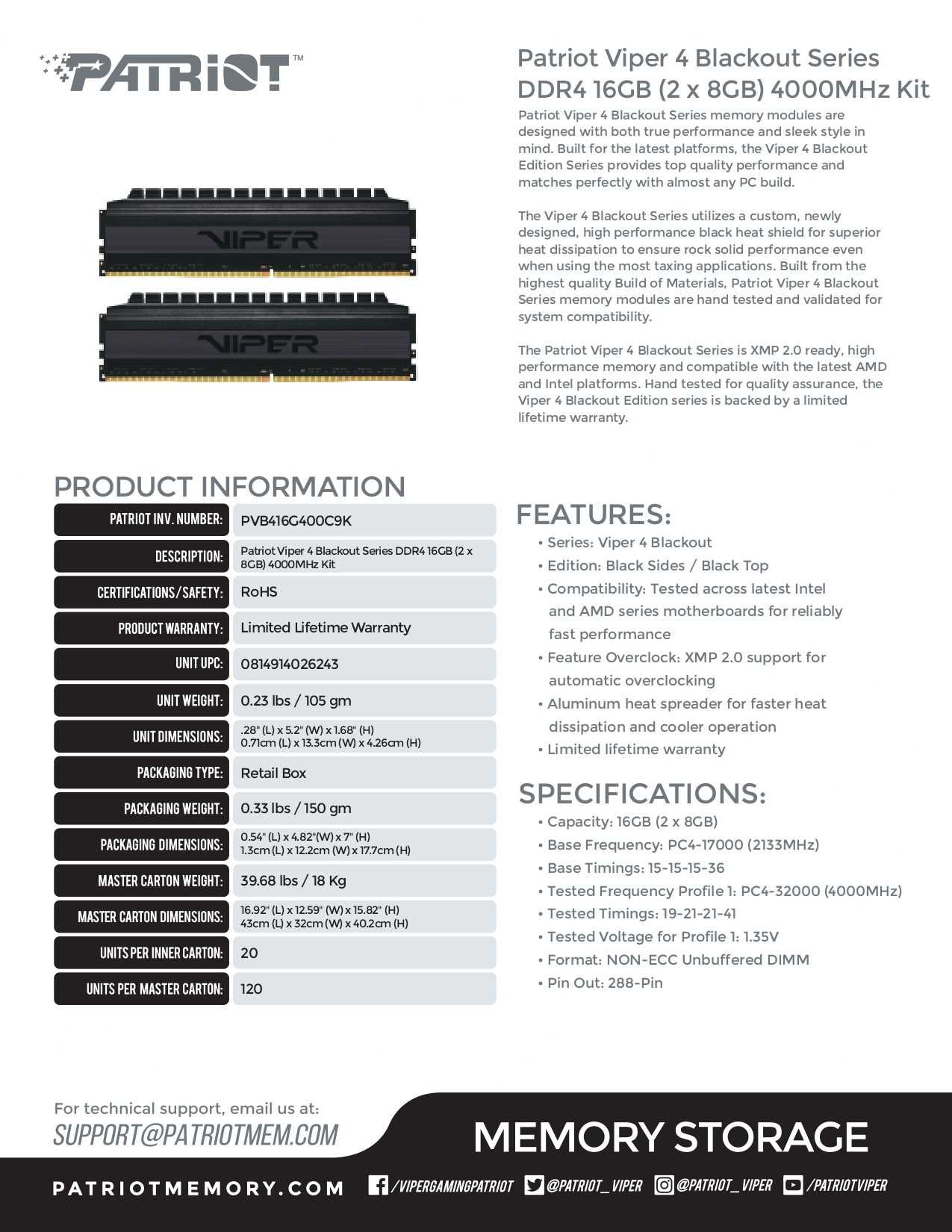 Pamięć RAM DDR4 Patriot Viper 4 Blackout
16GB (2 x 8GB) 4000MHz, CL19