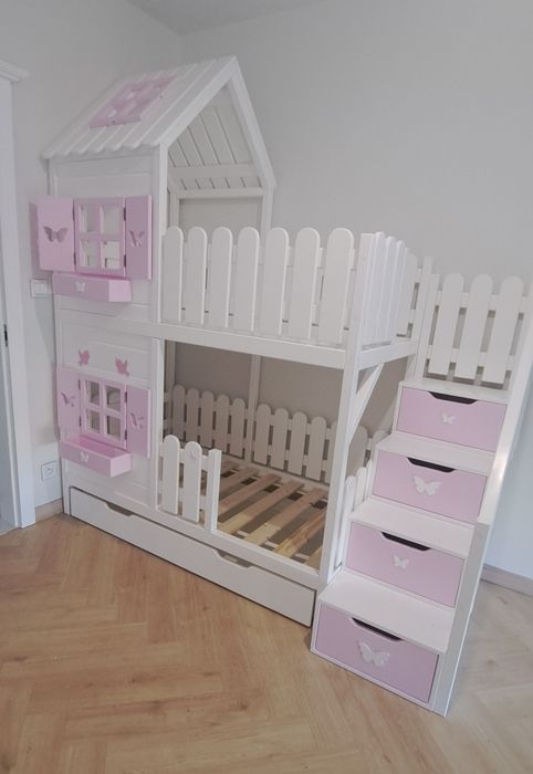 Łóżeczko domek drewniany łóżko piętrowe 80x160