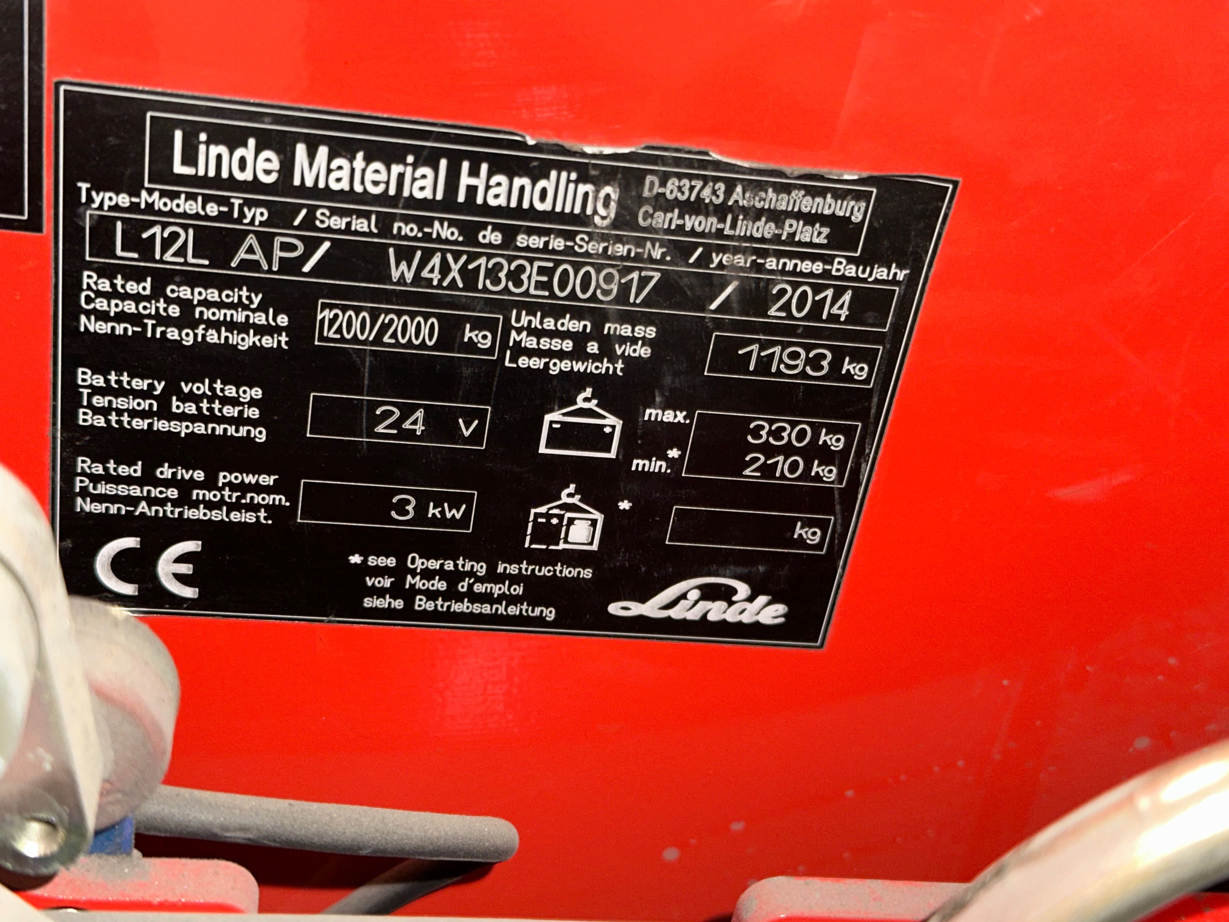 Linde L12LAP z masztem 2,01m/1,42m mało godzin 1078h wstępne podnosz