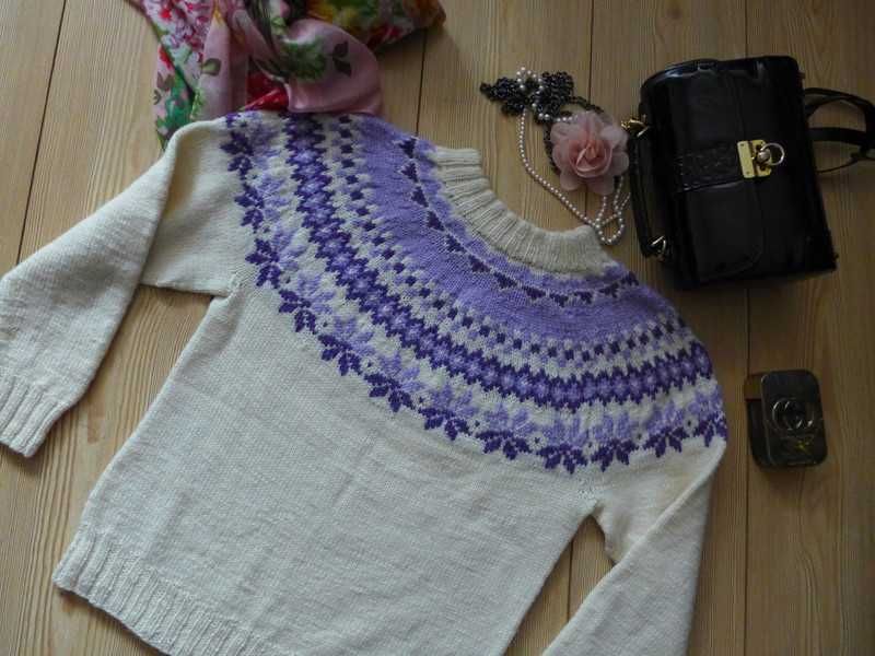 Żakardowy wzór islandzki Fair Isle SWETER handmade XS 34 lopapeysa