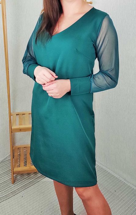 NOWA prosta elegancka sukienka tiulowy rękaw butelkowa zieleń rozm 44