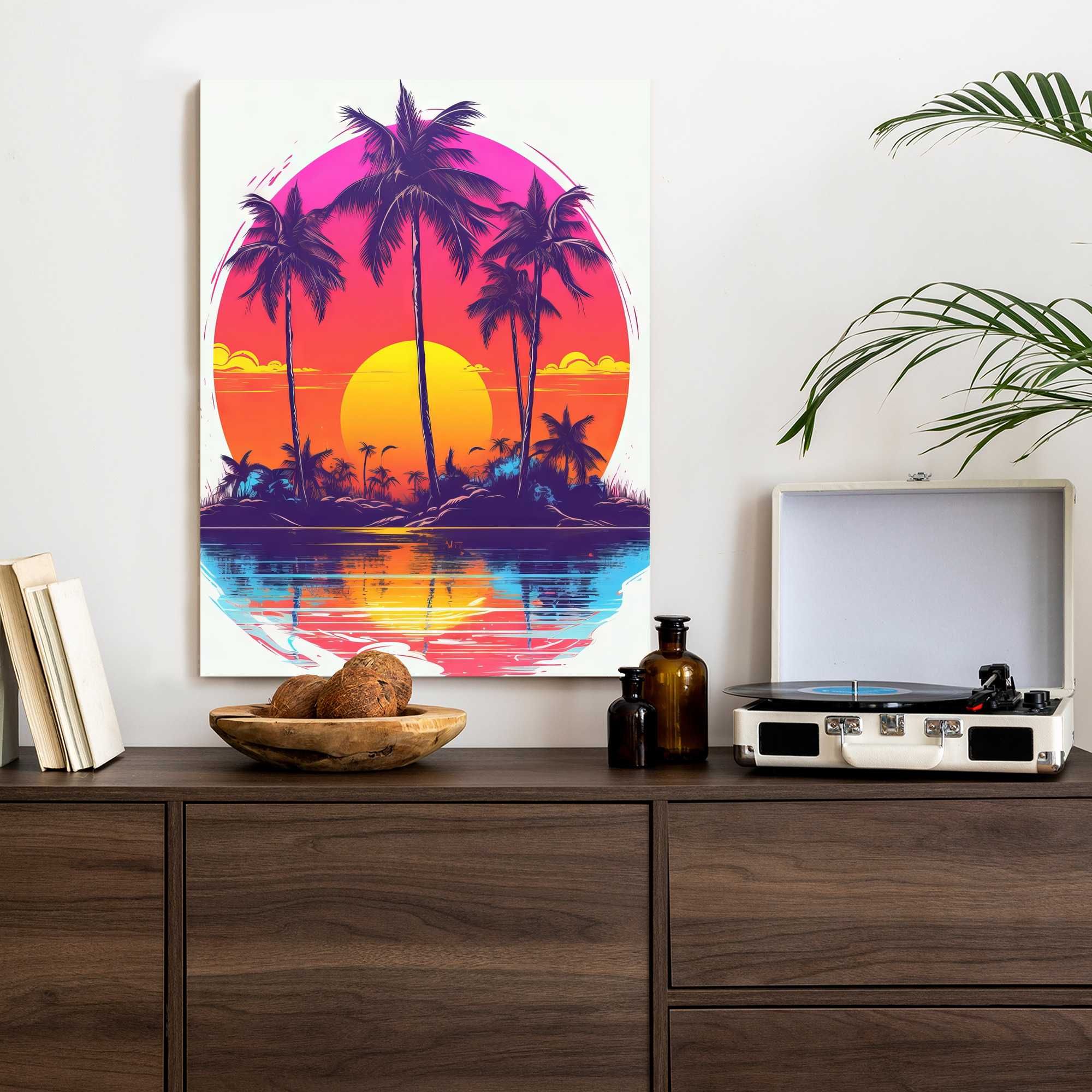 Plakat Bezludna Wyspa Palmy I Zachodzące Słońce 60x80cm