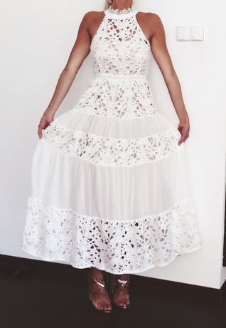 Sukienka boho biała,długa haftowana, koronka, S, 36