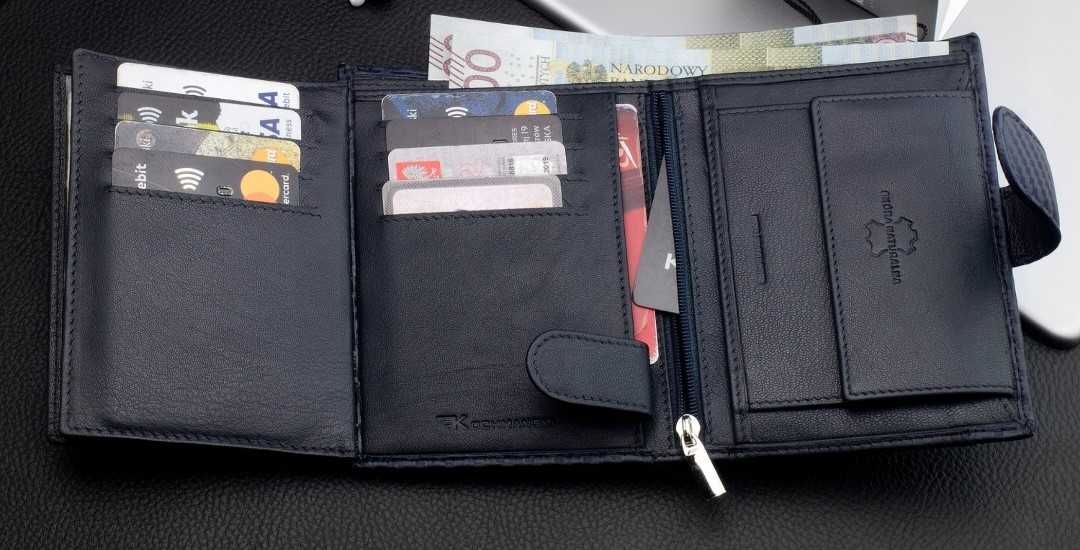 Kochmanski; męski skórzany granatowy duży portfel; RFID; premium!