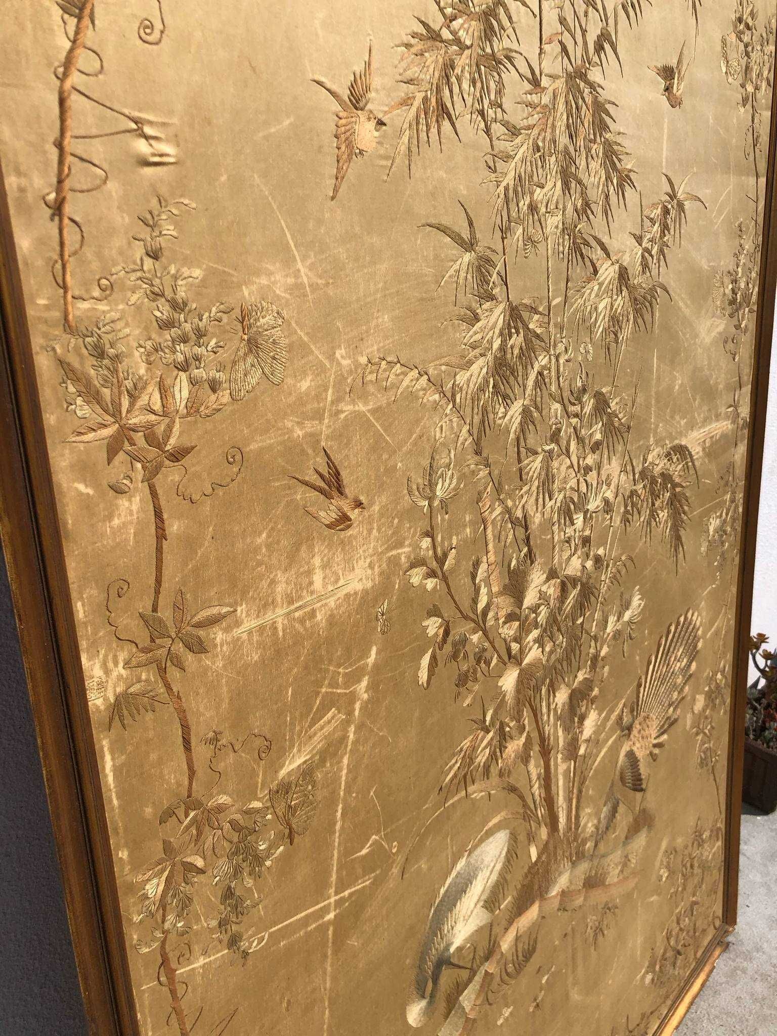 Quadro Seda Bordado Antigo Japonês Grande - 182cms x 111cms