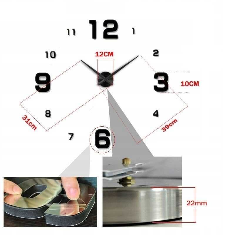 Zegar Ścienny 3D DIY Nowoczesny Naklejany Lustrzany Duży Rozmiar 130cm