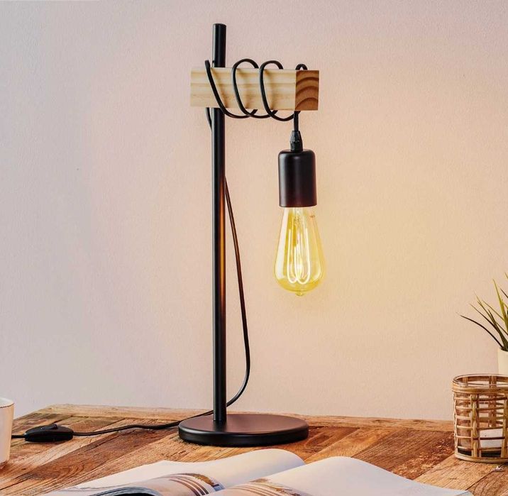 Lampka stołowa nocna vintage drewno metal Eglo Townshend