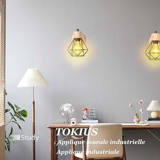 TOKIUS Zestaw 2 ściennych lamp z metalu i drewna, E27, regulowane