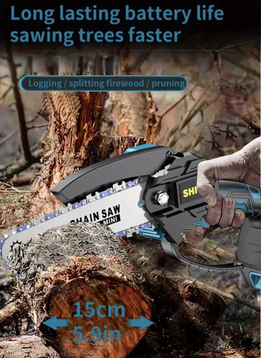 Mini piła łancuchowa 230V + 2 baterie + 2 łańcuchy + akcesoria