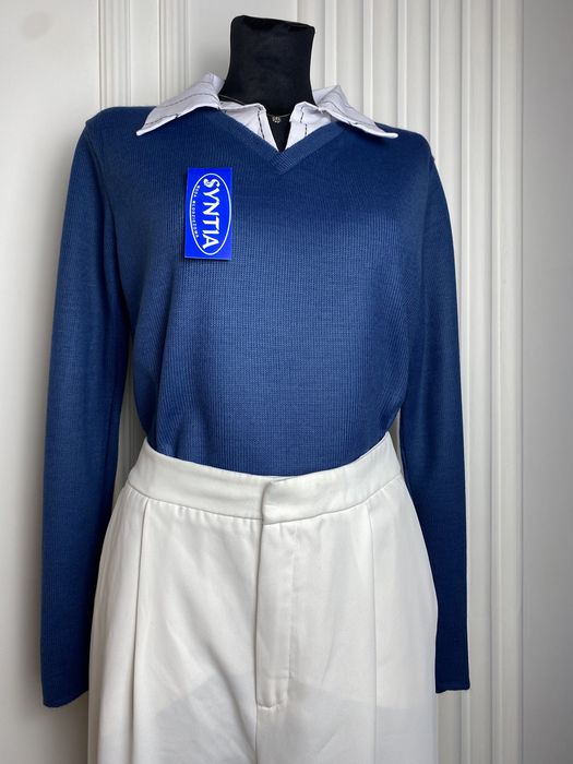 Nowy sweter damski niebieski z kołnierzykiem 40 L vintage lata 90/00