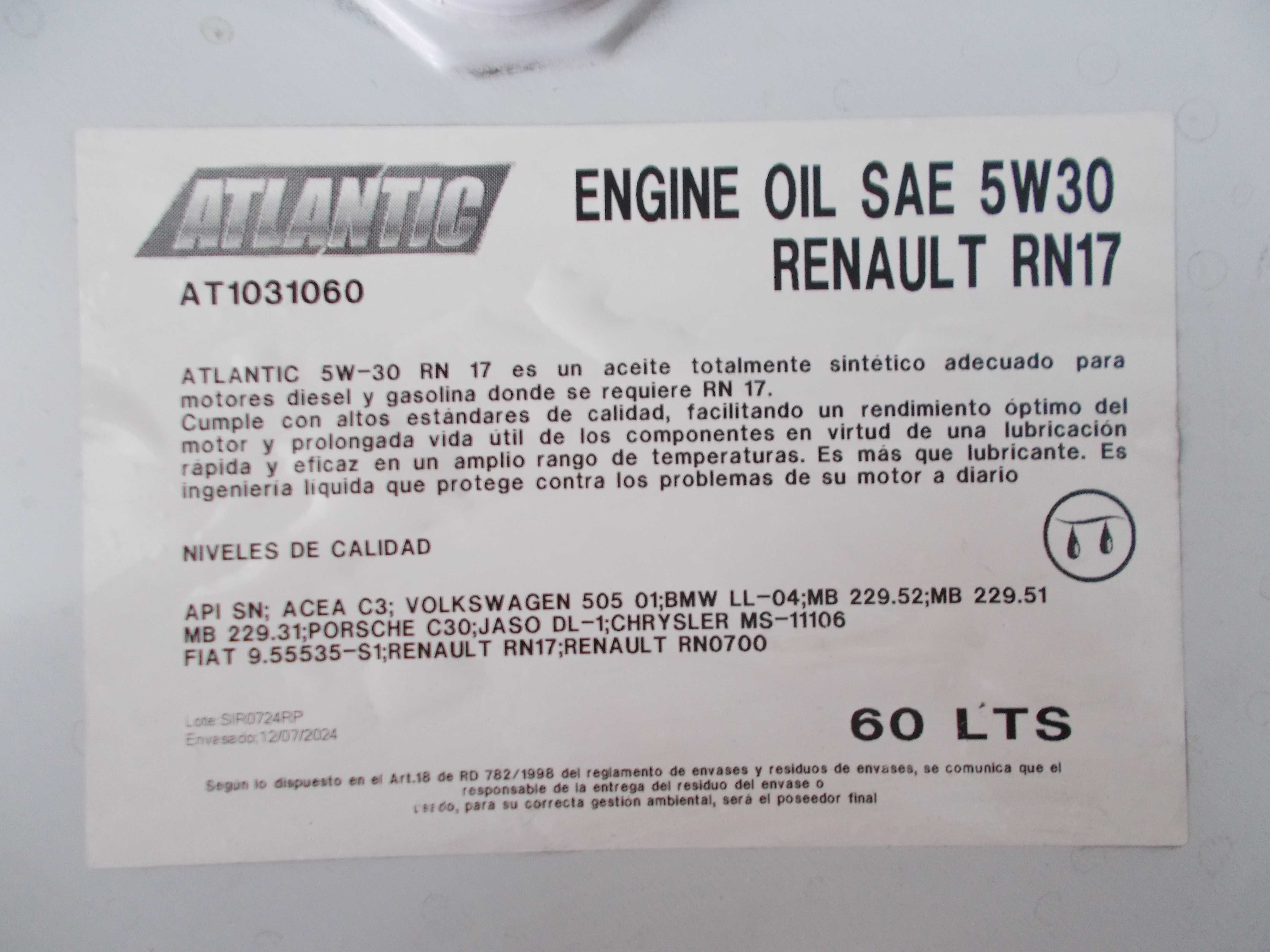 Atlantic Engine Oil 5w-30 Renault RN17 ( 60 Lt )