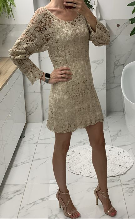 Sukienka szydelkowa azurka siatka bezowa azurowa na wakacje lato 36